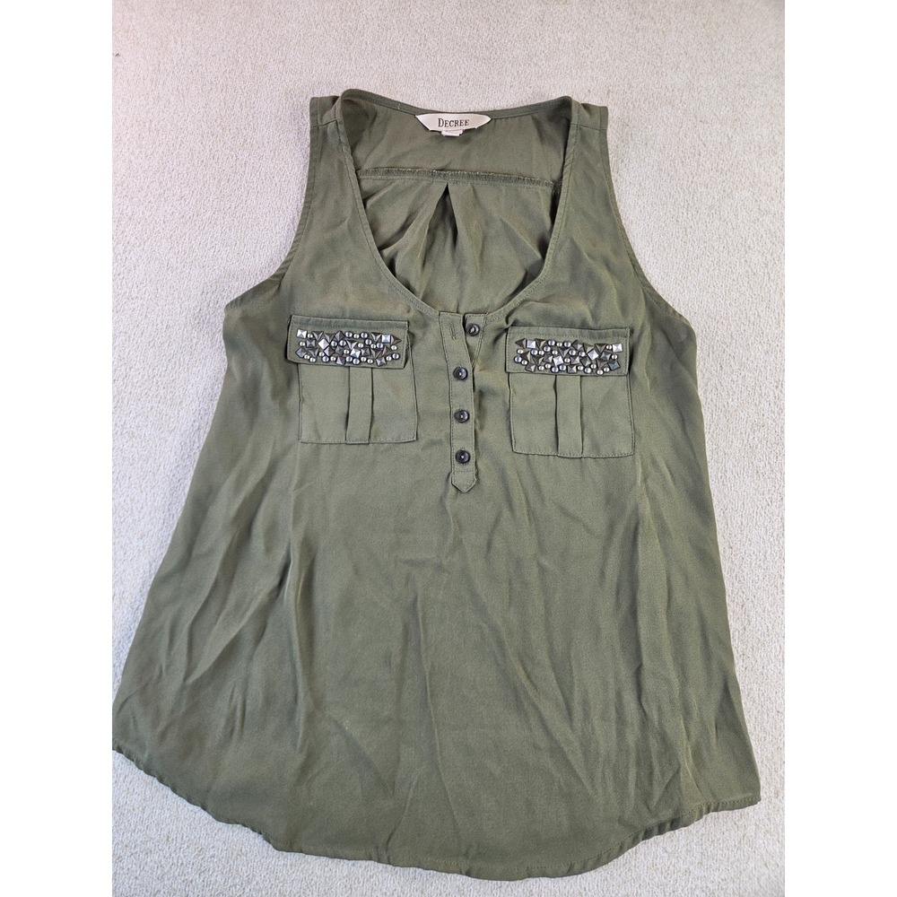 Decree Women's Olive Green Studded Pocket Sleeveless Blouse Top Size M
